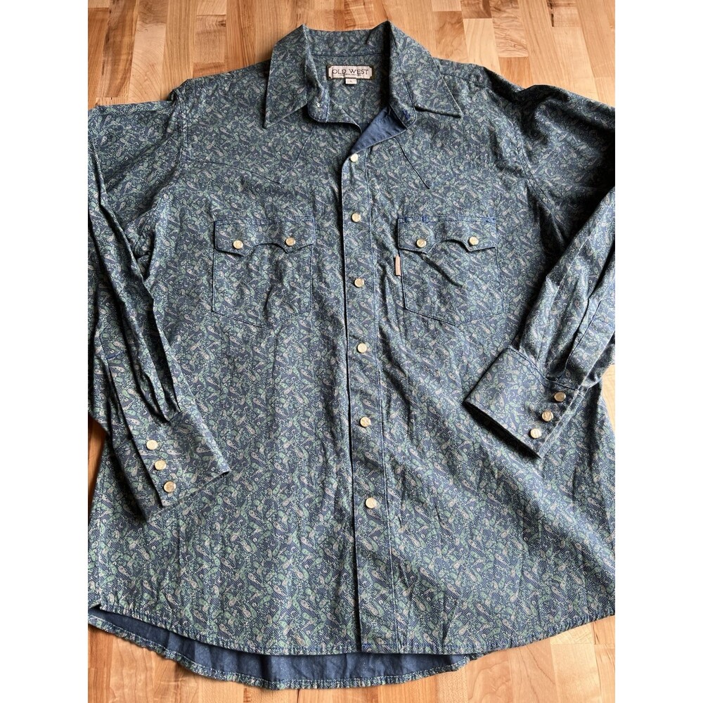 Old West Original Western Men's Long Sleeve Snap Saw Tooth Pocket Paisley Blue L